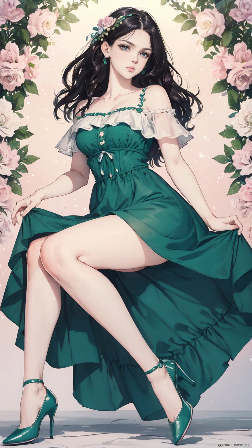 (masterpiece, Best quality, A high resolution, ultra detailed),(beautiful and aesthetically pleasing:1.2), (1 woman), adult, perfect body, wavy black hair, ((green eyes)), detailed eyes and face, (full_body), festive beautiful spring light airy dress,  (pastel pink and blue dress), delicate spring dress, high heel shoes, gentle and feminine image, USA, many colors, 