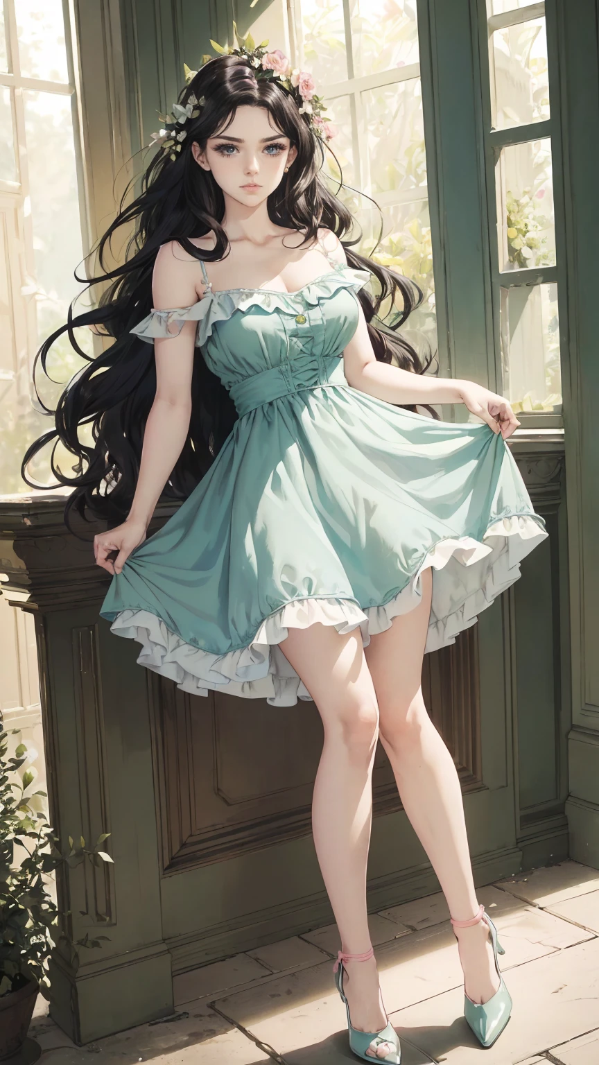 (masterpiece, Best quality, A high resolution, ultra detailed),(beautiful and aesthetically pleasing:1.2), (1 woman), adult, perfect body, wavy black hair, ((green eyes)), detailed eyes and face, (full_body), festive beautiful spring light airy dress,  (pastel pink and blue dress), delicate spring dress, high heel shoes, gentle and feminine image, USA, many colors, 