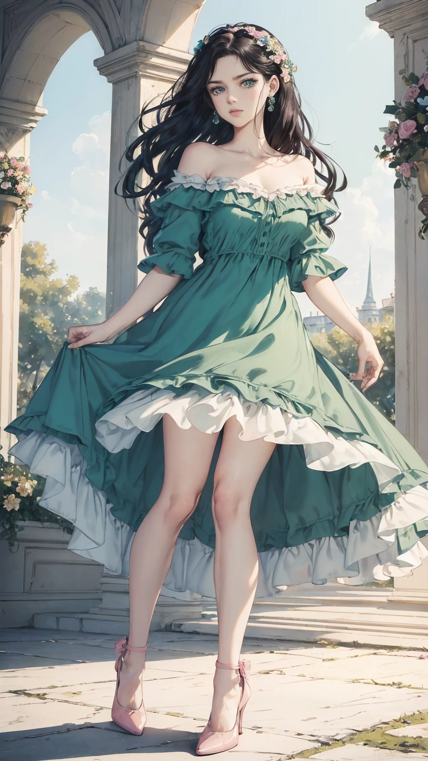 (masterpiece, Best quality, A high resolution, ultra detailed),(beautiful and aesthetically pleasing:1.2), (1 woman), adult, perfect body, wavy black hair, ((green eyes)), detailed eyes and face, (full_body), festive beautiful spring light airy dress,  (pastel pink and blue dress), delicate spring dress, high heel shoes, gentle and feminine image, USA, many colors, 