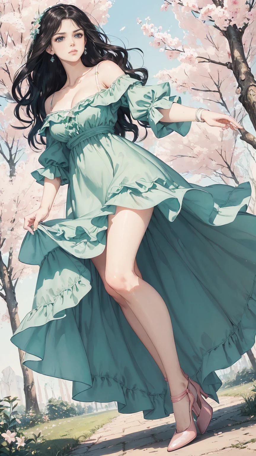 (masterpiece, Best quality, A high resolution, ultra detailed),(beautiful and aesthetically pleasing:1.2), (1 woman), adult, perfect body, wavy black hair, ((green eyes)), detailed eyes and face, (full_body), festive beautiful spring light airy dress, (pastel pink and blue dress), delicate spring dress, high heel shoes, gentle and feminine image, USA, many colors,