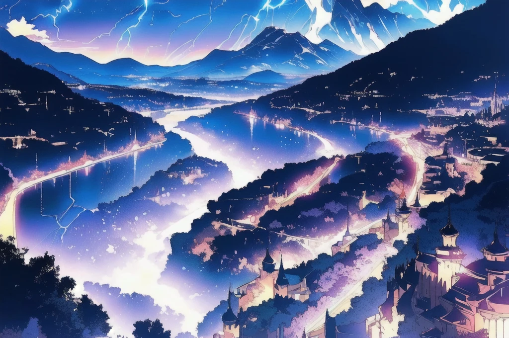 ((Character, best quality: 1.5, masterpiece, 8k detailed, flat colors, anime)) Dark castle: 1.5, night, far shot view, large walls, night, lightning, trees, mountain, river stream,