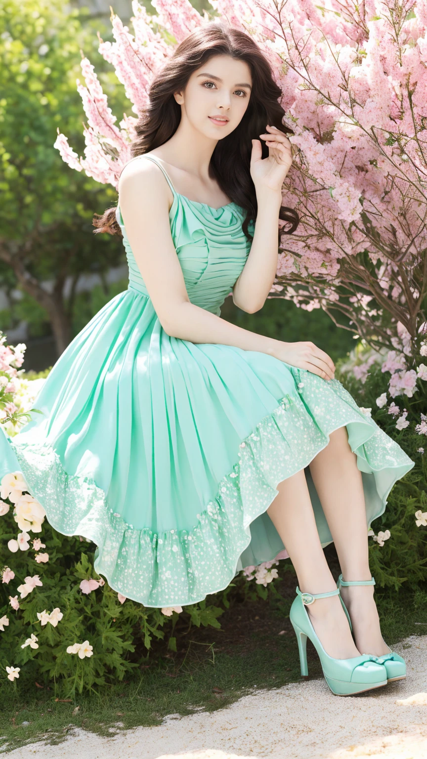 (masterpiece, Best quality, A high resolution, ultra detailed),(beautiful and aesthetically pleasing:1.2), (1 woman), adult, perfect body, wavy black hair, ((green eyes)), detailed eyes and face, (full_body), festive beautiful spring light airy dress,  (pastel pink and blue dress), delicate spring dress, high heel shoes, gentle and feminine image, USA, many colors, 