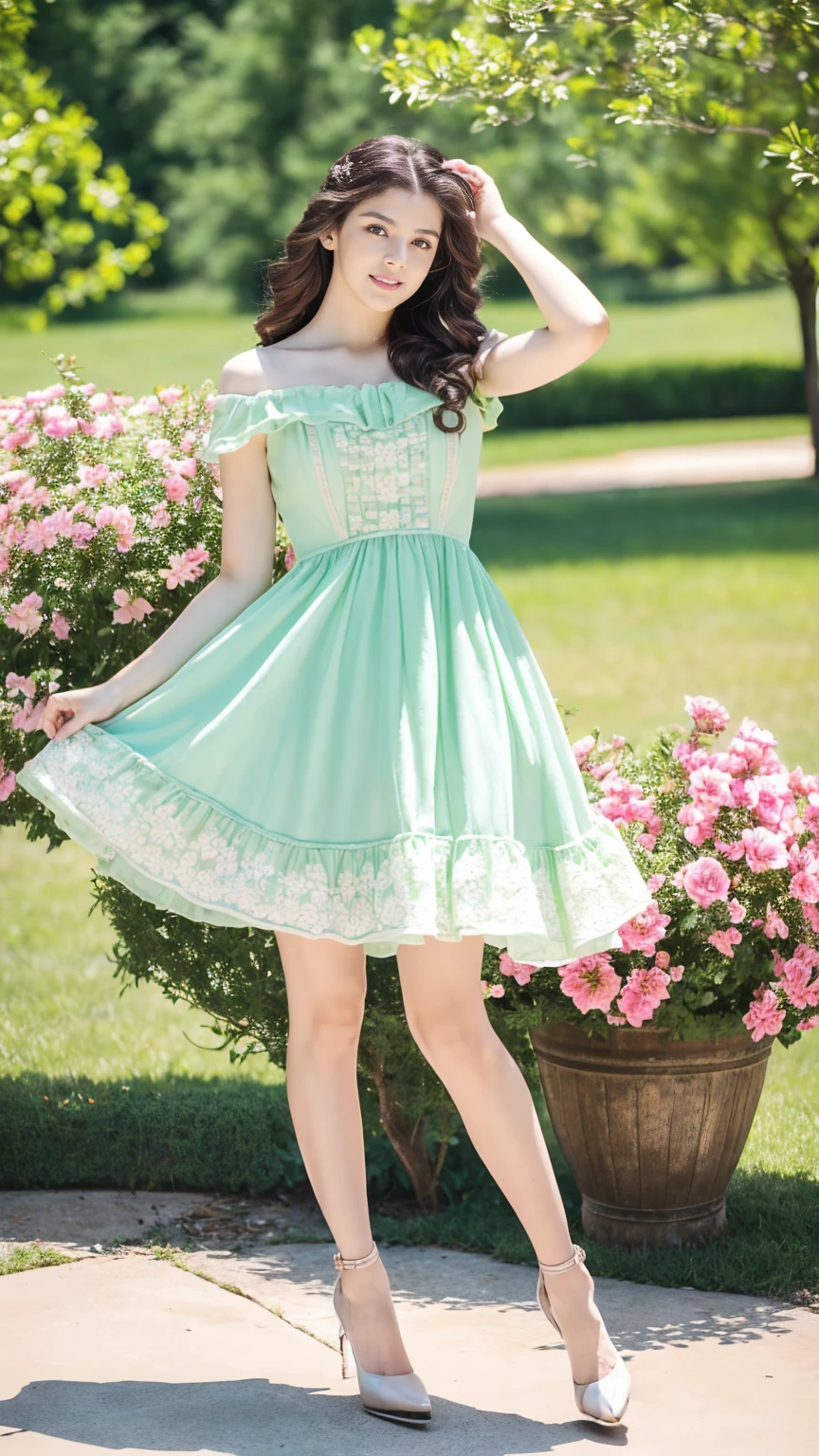 (masterpiece, Best quality, A high resolution, ultra detailed),(beautiful and aesthetically pleasing:1.2), (1 woman), adult, perfect body, wavy black hair, ((green eyes)), detailed eyes and face, (full_body), festive beautiful spring light airy dress,  (pastel pink and blue dress), delicate spring dress, high heel shoes, gentle and feminine image, USA, many colors, 