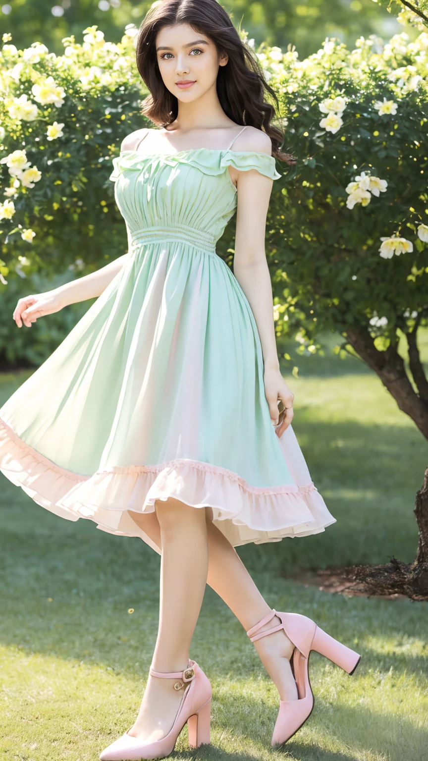 (masterpiece, Best quality, A high resolution, ultra detailed),(beautiful and aesthetically pleasing:1.2), (1 woman), adult, perfect body, wavy black hair, ((green eyes)), detailed eyes and face, (full_body), festive beautiful spring light airy dress,  (pastel pink and blue dress), delicate spring dress, high heel shoes, gentle and feminine image, USA, many colors, 