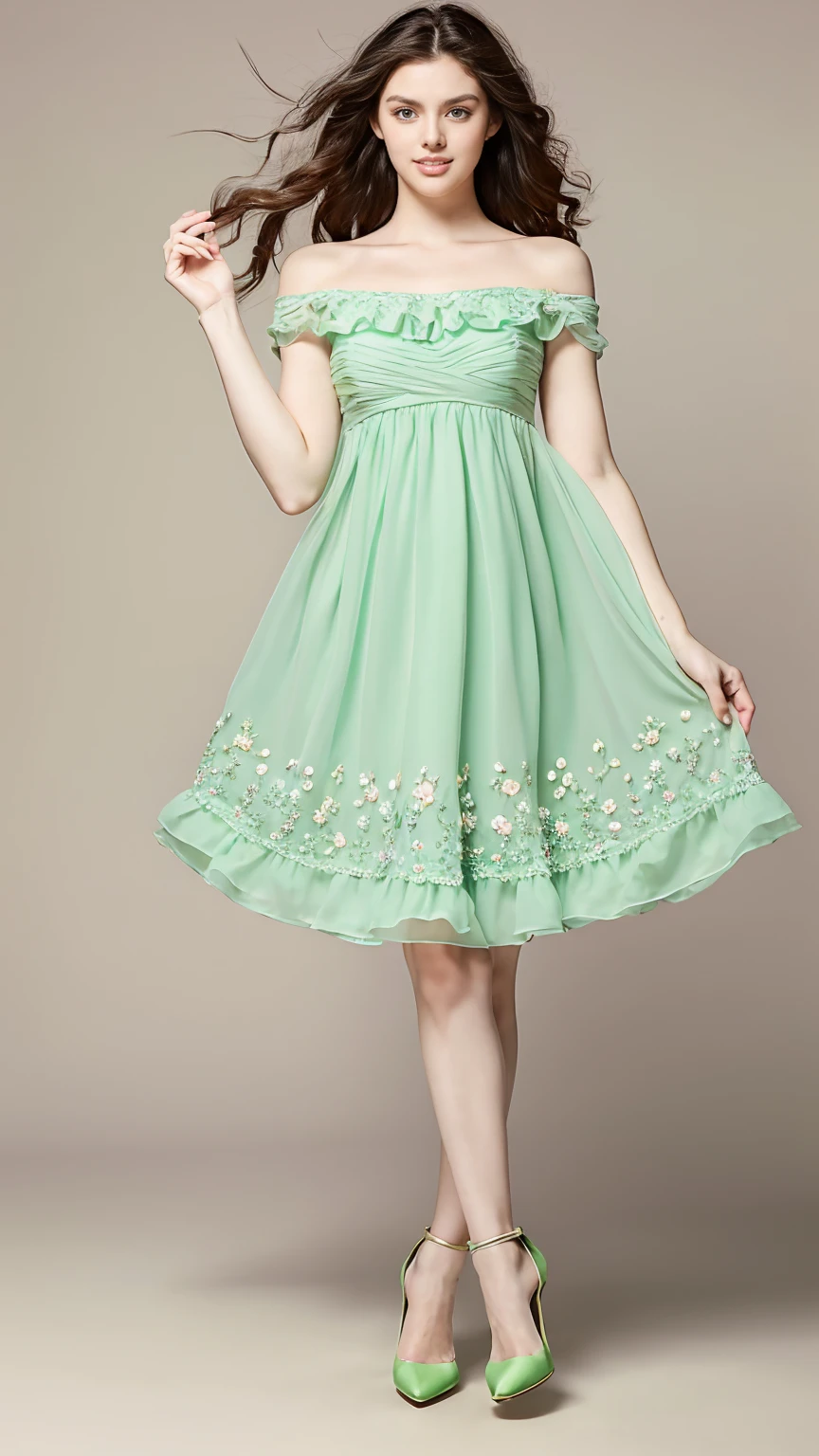(masterpiece, Best quality, A high resolution, ultra detailed),(beautiful and aesthetically pleasing:1.2), (1 woman), adult, perfect body, wavy black hair, ((green eyes)), detailed eyes and face, (full_body), festive beautiful spring light airy dress, (pastel pink and blue dress), delicate spring dress, high heel shoes, gentle and feminine image, USA, many colors,