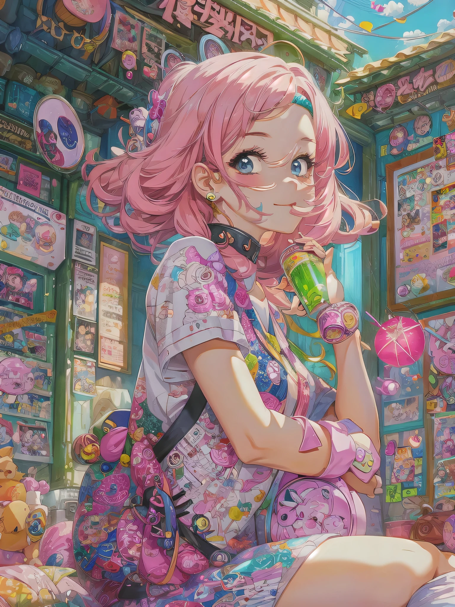 akira toriyama style、pink hair anime girl, skull fashion, anime style 4 k, Decora style illustration, anime art wallpaper 4k, anime art wallpaper 4k, anime wallpaper 4k, anime wallpaper 4k, anime style. 8K, anime atmosphere, anime art wallpaper 8k, anime style illustration, anime art style, anime styled, cute detailed digital art