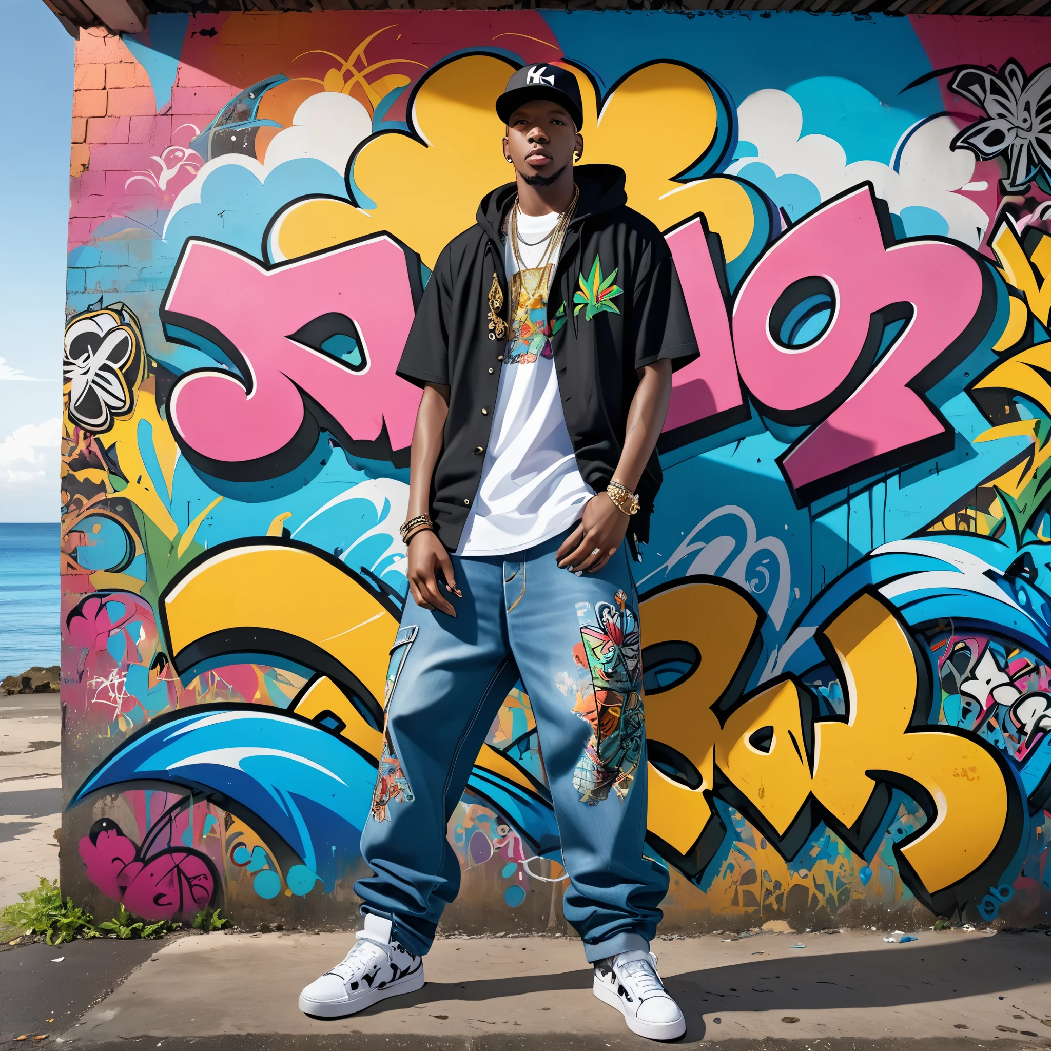 Full color drawing of Jamaica hip hop, hip hop, hip hop, hip hop, baggy jeans, rap (((graffiti art) (by Karen Griffiths))), With the sea as background, Crazy details, intricate details, Super details , low contrast, Cinema soft light, exposure blending, high dynamic range, front