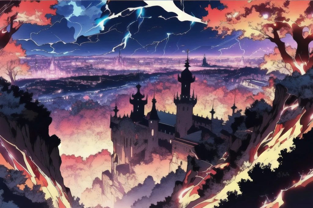 ((Character, best quality: 1.5, masterpiece, 8k detailed, flat colors, anime)) Dark castle: 1.5, night, far shot view, large walls, night, lightning, trees, red lightning,