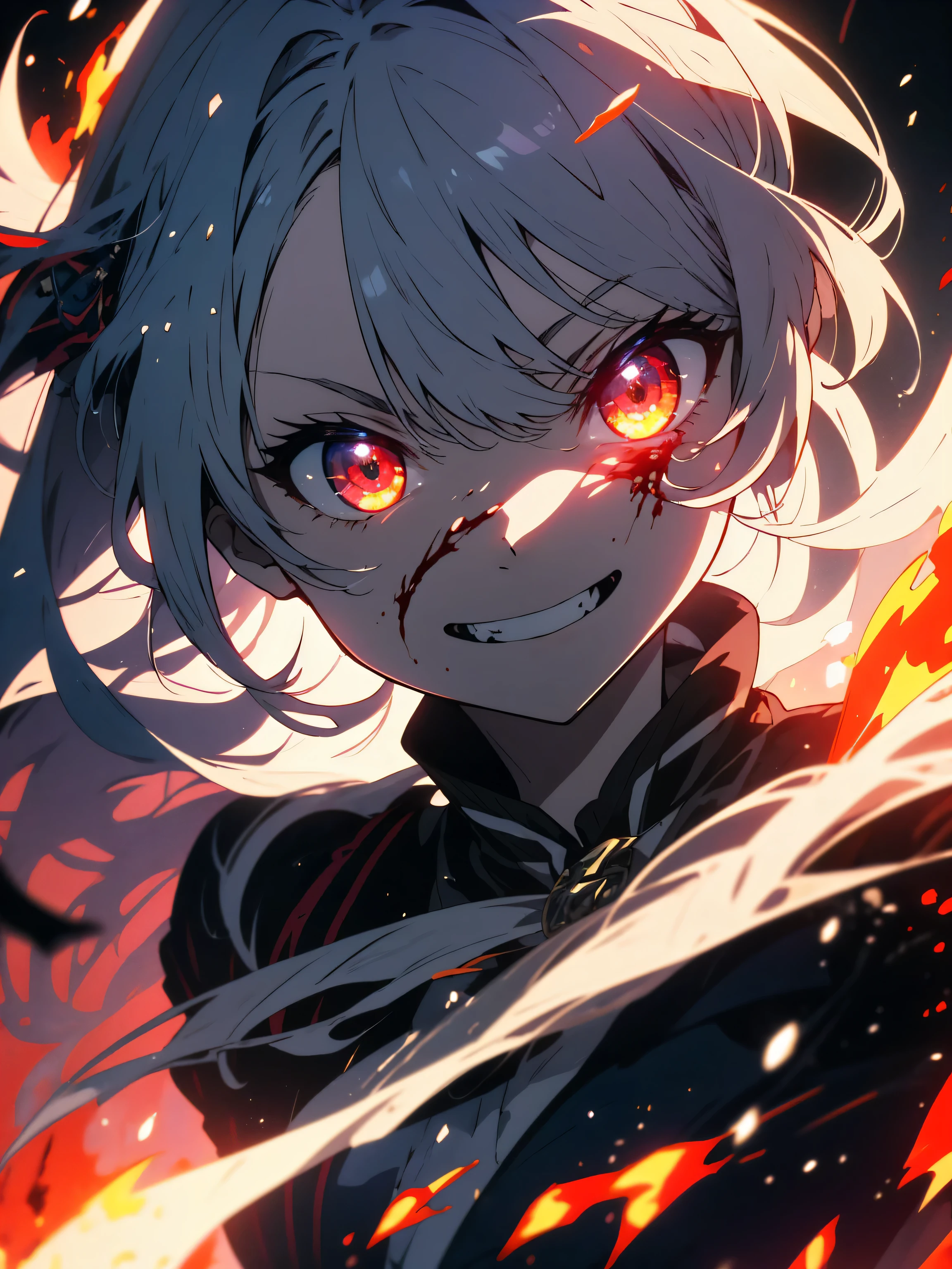 (highest quality、masterpiece、High resolution、detailed)、(Shining eyes、detailed beautiful face)、8K、1 girl, flying hair, red eyes, fire witch, blood on my face, particles of light, lightning rays, wallpaper, colorful, High Contrast 1.2, vampire, grin, evil smile, psychopathic grin, psychopathic smile, tilted head、(beautiful anime:1.4)