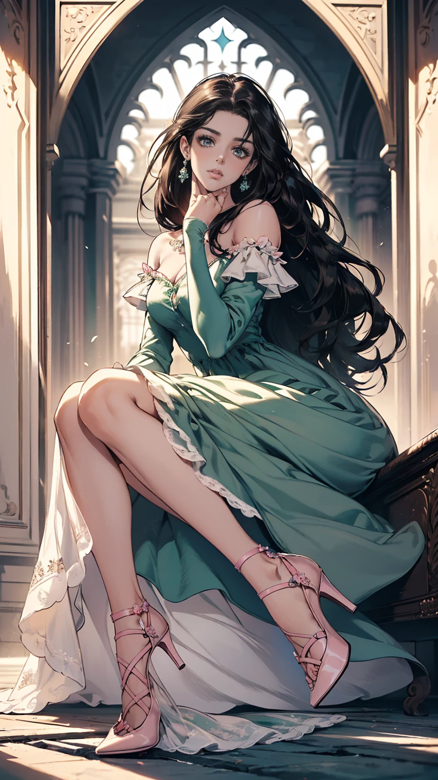 (masterpiece, Best quality, A high resolution, ultra detailed),(beautiful and aesthetically pleasing:1.2), (1 woman), adult, perfect body, wavy black hair, ((green eyes)), detailed eyes and face, (full_body), festive beautiful spring light airy dress,  (pastel pink and blue dress), delicate spring dress, high heel shoes, gentle and feminine image, USA, many colors, 