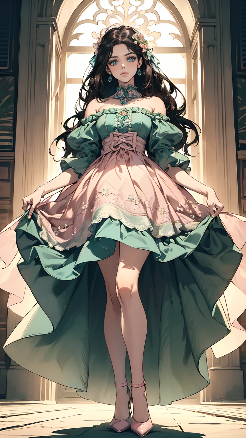 (masterpiece, Best quality, A high resolution, ultra detailed),(beautiful and aesthetically pleasing:1.2), (1 woman), adult, perfect body, wavy black hair, ((green eyes)), detailed eyes and face, (full_body), festive beautiful spring light airy dress,  (pastel pink and blue dress), delicate spring dress, high heel shoes, gentle and feminine image, USA, many colors, 