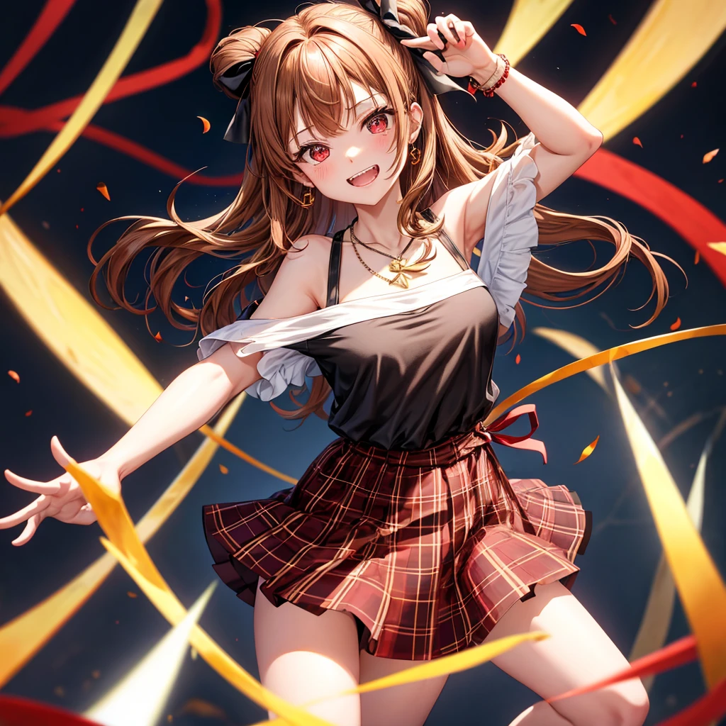 reddish-brown golden hair、red eyes、one good looking girl、solo、anime、plaid mini skirt、black camisole、black t-shirt、dress、wearing a ribbon、ribbon at waist、crystal earrings、jewelry necklace、Light and shadow、tilting one's face、teeth are visible、pillar、torches、evil looking face、Kuroko、Den-den drum、grassland