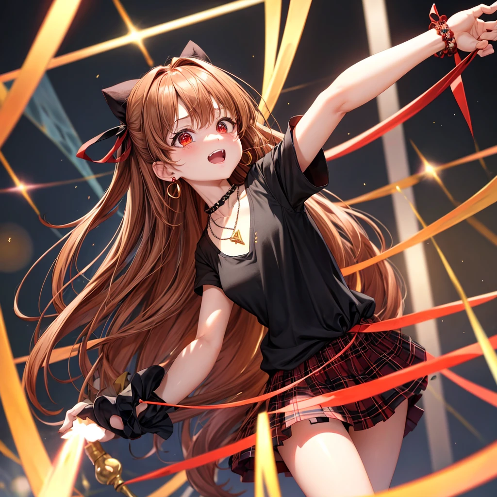 reddish-brown golden hair、red eyes、one good looking girl、solo、anime、plaid mini skirt、black camisole、black t-shirt、dress、wearing a ribbon、ribbon at waist、crystal earrings、jewelry necklace、Light and shadow、tilting one&#39;s face、teeth are visible、pillar、torches、evil looking face、Kuroko、Den-den drum、grassland