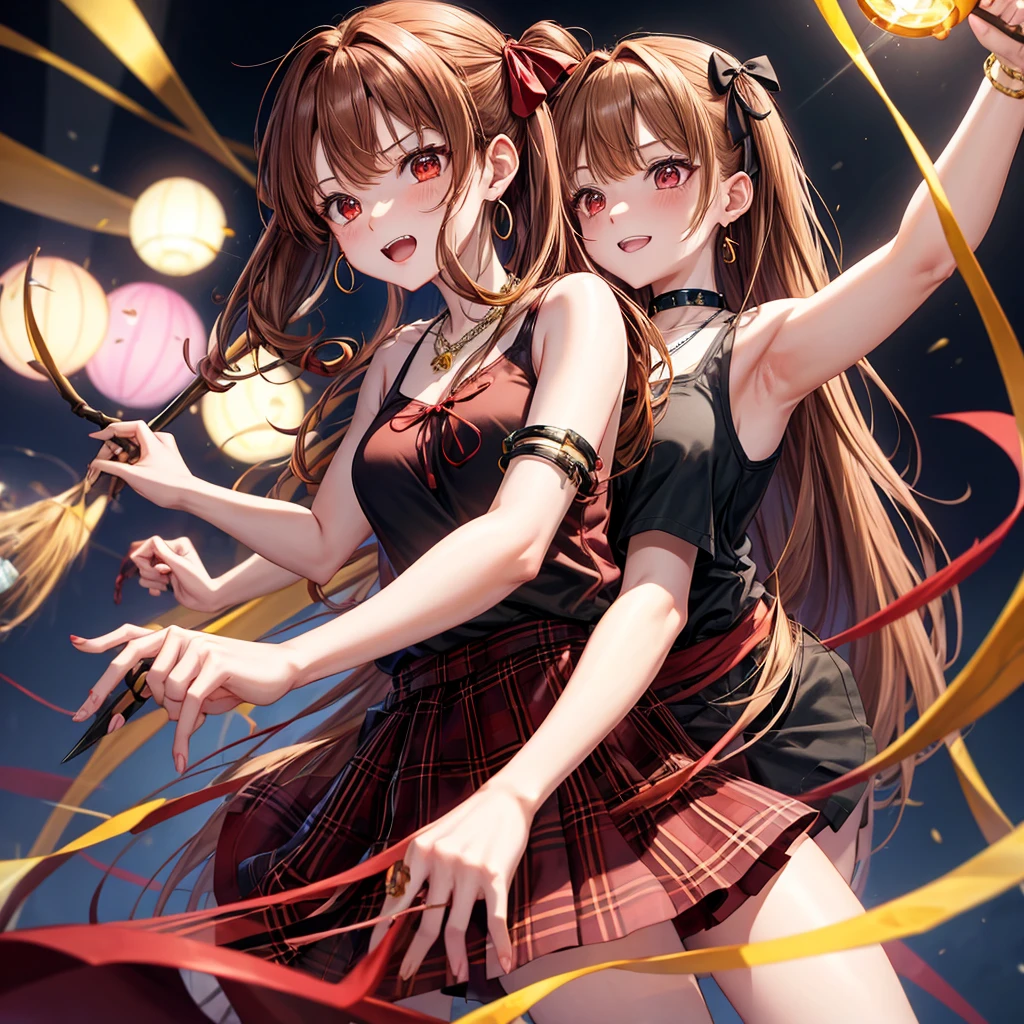 reddish-brown golden hair、red eyes、one good looking girl、solo、anime、plaid mini skirt、black camisole、black t-shirt、dress、wearing a ribbon、ribbon at waist、crystal earrings、jewelry necklace、Light and shadow、tilting one's face、teeth are visible、pillar、torches、evil looking face、Kuroko、Den-den drum、grassland
