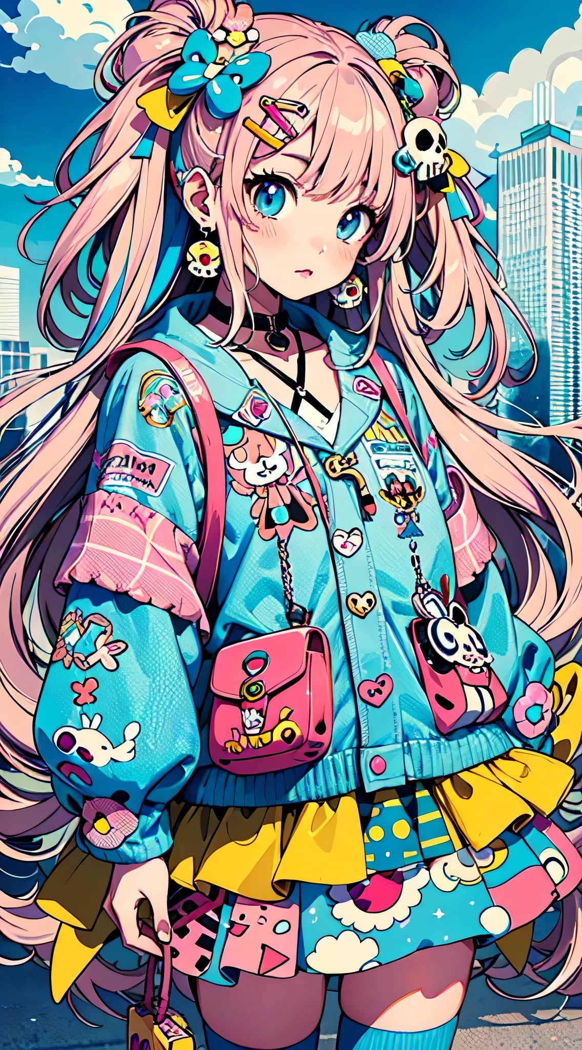 Takashi Murakami style、pink hair anime girl, skull fashion, anime style 4 k, Decora style illustration, anime art wallpaper 4k, anime art wallpaper 4k, anime wallpaper 4k, anime wallpaper 4k, anime style. 8K, anime atmosphere, anime art wallpaper 8k, anime style illustration, anime art style, anime styled, cute detailed digital art