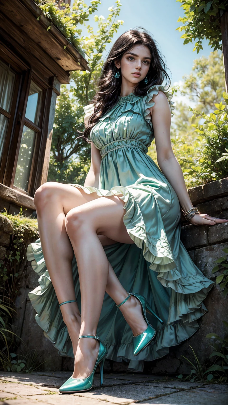 (masterpiece, Best quality, A high resolution, ultra detailed),(beautiful and aesthetically pleasing:1.2), (1 woman), adult, perfect body, wavy black hair, ((green eyes)), detailed eyes and face, (full_body), festive beautiful spring light airy dress,  (pastel pink and blue dress), delicate spring dress, high heel shoes, gentle and feminine image, USA, many colors, 