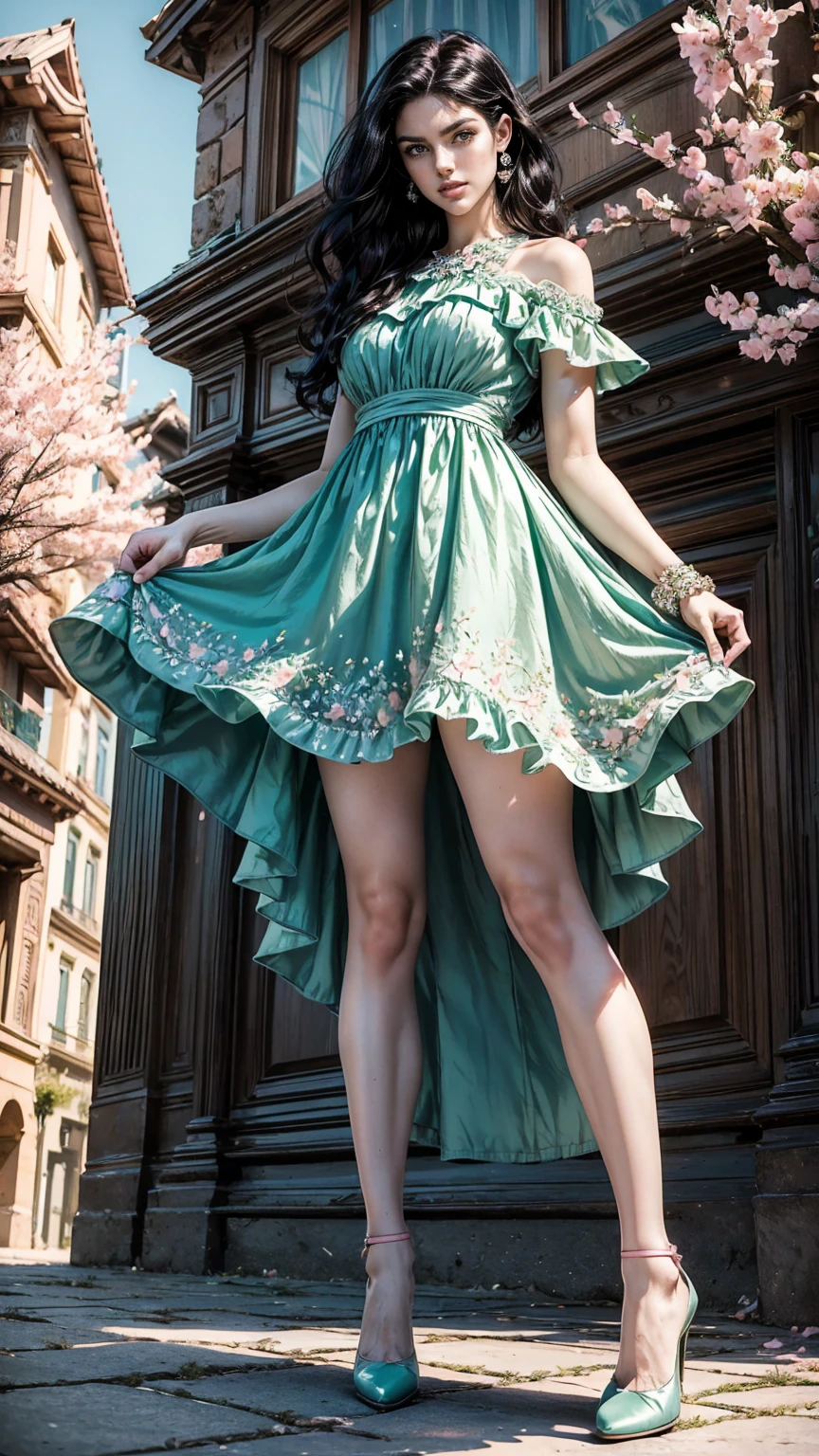 (masterpiece, Best quality, A high resolution, ultra detailed),(beautiful and aesthetically pleasing:1.2), (1 woman), adult, perfect body, wavy black hair, ((green eyes)), detailed eyes and face, (full_body), festive beautiful spring light airy dress,  (pastel pink and blue dress), delicate spring dress, high heel shoes, gentle and feminine image, USA, many colors, 