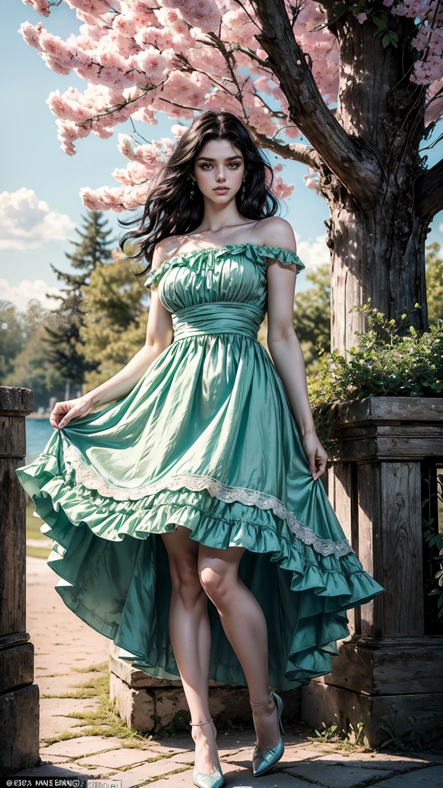 (masterpiece, Best quality, A high resolution, ultra detailed),(beautiful and aesthetically pleasing:1.2), (1 woman), adult, perfect body, wavy black hair, ((green eyes)), detailed eyes and face, (full_body), festive beautiful spring light airy dress,  (pastel pink and blue dress), delicate spring dress, high heel shoes, gentle and feminine image, USA, many colors, 