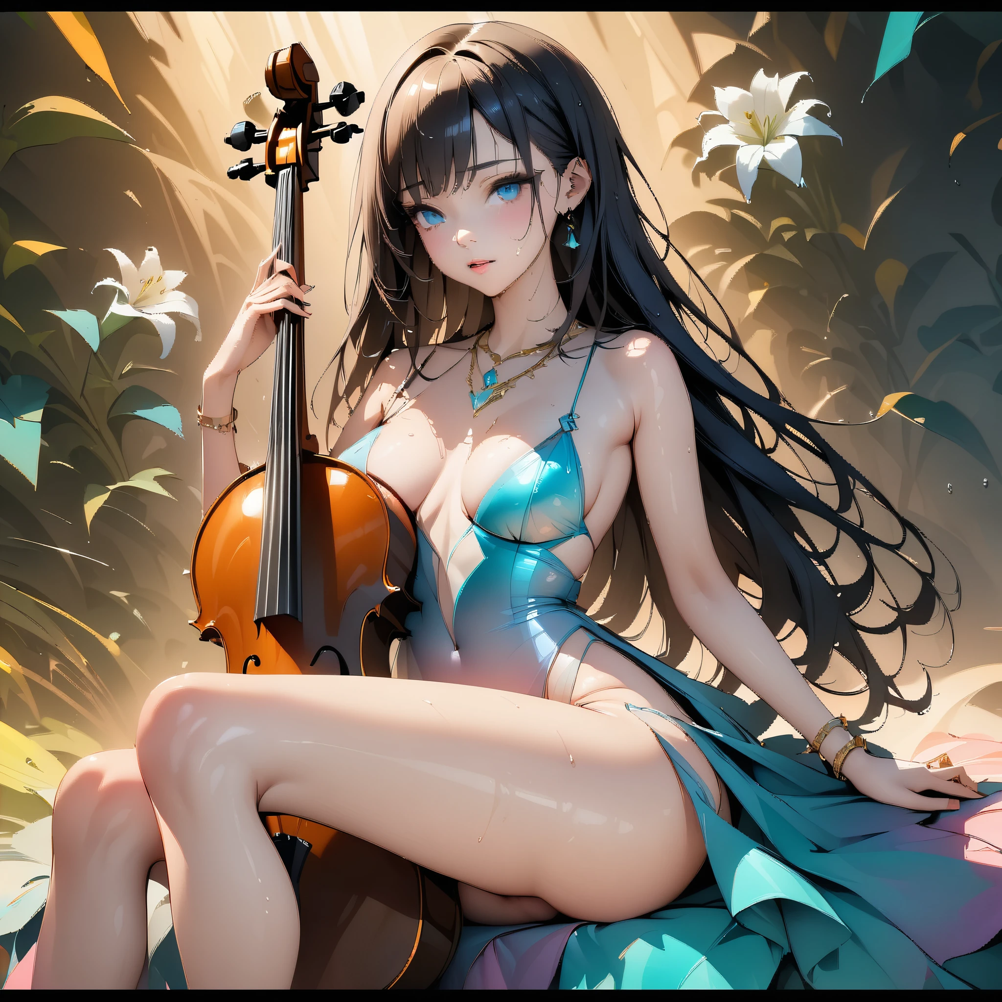 ((Alone, 1 girl 16+, sitting in front of the viewer plays the cello), (black transparent dress), (sexy, erotic), spreading her legs wide, plays the cello right in front of the viewer))_((Tender scarlet lips), (straight black hair - long, cascading hair), (wet straight hair))_((Stylization; clear line, clear stroke, high-quality linear drawing, shading))_((Simple color palettes), (color fill, richness of colors, saturation, harmony, balance), (pastel colors, pure colors), (classic-surrealism))_((Sexy, erotic), (simple, minimal accessories), (necklace and thin rings made of silver or gold), (simple bracelets , unusual design, simple silhouettes), (erotic style),(NSFW))_((Background),(abstract minimalism), (stunning abstract flowers-cubism), (lilies, extremely unusual, long stems - large stems))_ ((Masterpiece, highest quality), (clear frame, soft shadows, contrasting light), (warm range of colors, golden light, contrasting light with cold side lighting, expressing volume and shape))_ ((Stylized digital painting), ( soft clear shapes, wide strokes, attention to detail), (clear elegant line, color fill))_((High quality, 4K | Ultra HD | Full HD, cinematic rendering)).