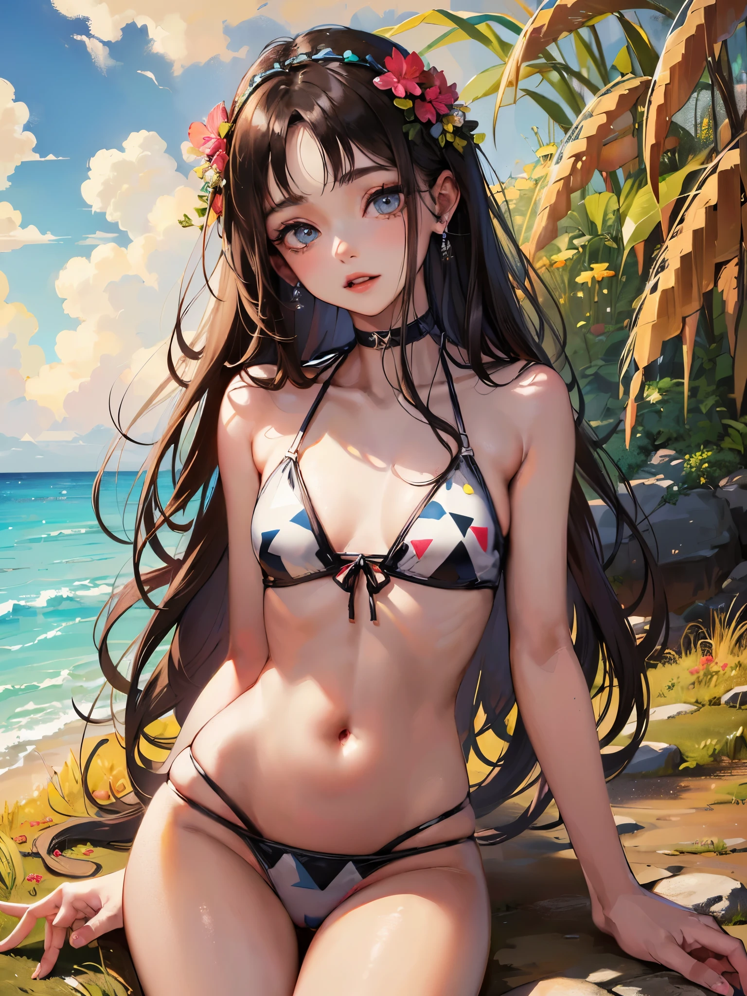 ((highest quality)),(ultra high resolution),(Super detailed),(detailed description),((best CG)),(best work of art),super precision art,amazing drawing art,(Art with precise details:1.5), (woman:1.6),(beautiful and well-shaped face:1.5),(wheat-colored skin:1.6),(Small triangular bikini:1.8),