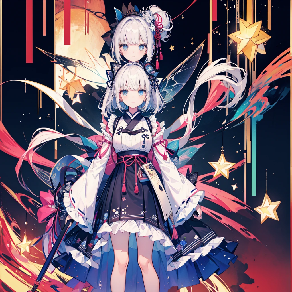 highest quality、８K,handsome face、vtuber-halfbody、A picture of the front straight towards the viewer、Star Fairy、Full body front portrait、front、1girl,highest quality、masterpiece、official art、Super detailed、super beautiful、Cute Star Fairy、gray short hair、Milky Way、universe、star charm、star、baby face、Knee-high boots、Japanese pattern dress、A beautiful girl wearing black and white clothes that are a remake of a yukata.、Oiran frill dress reminiscent of universe、belly button、pleated mini skirt、
