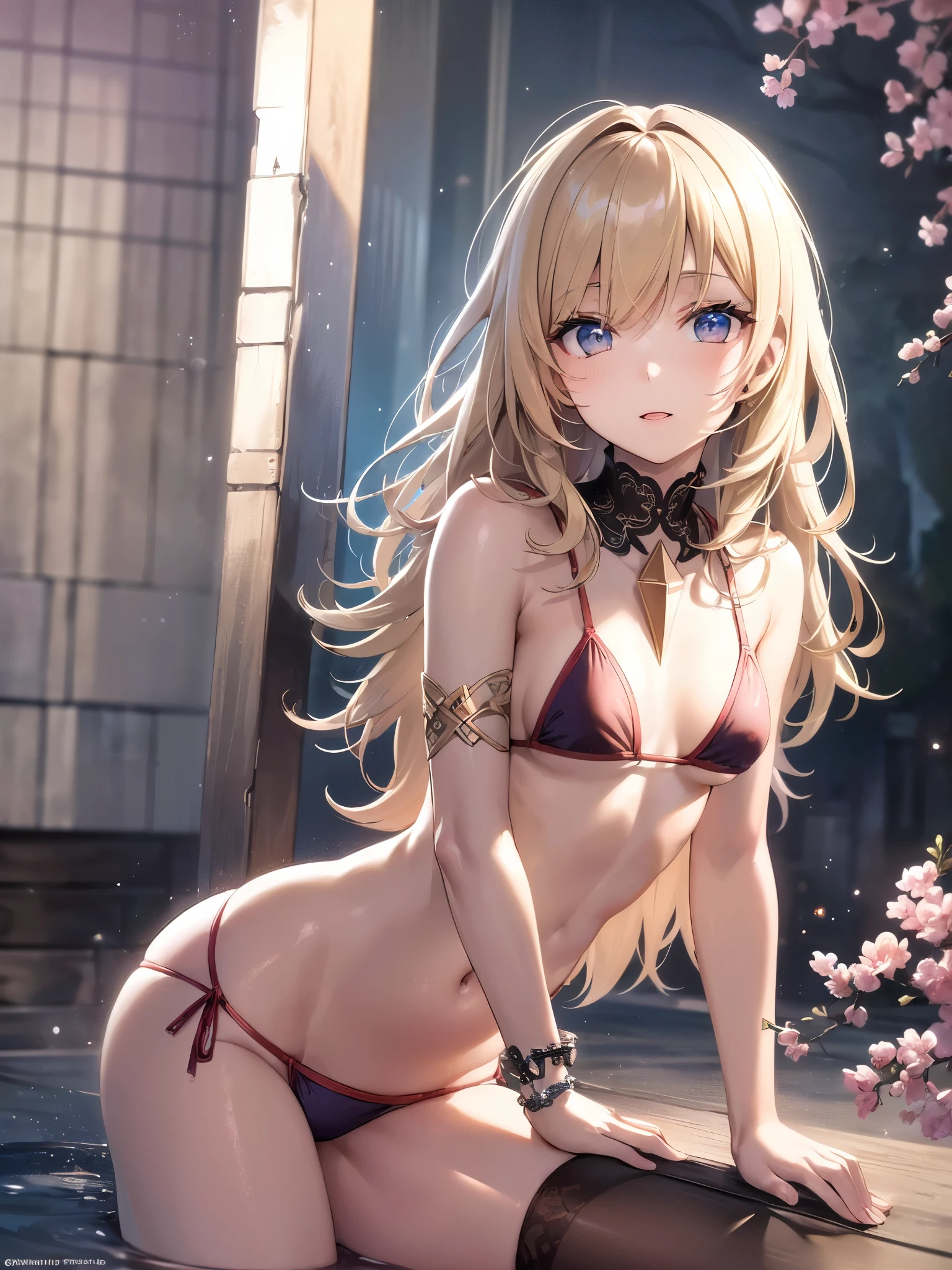 ((highest quality)),(ultra high resolution),(Super detailed),(detailed description),((best CG)),(best work of art),super precision art,amazing drawing art,(Art with precise details:1.5), (woman:1.6),(beautiful and well-shaped face:1.5),(wheat-colored skin:1.6),(Small triangular bikini:1.8),