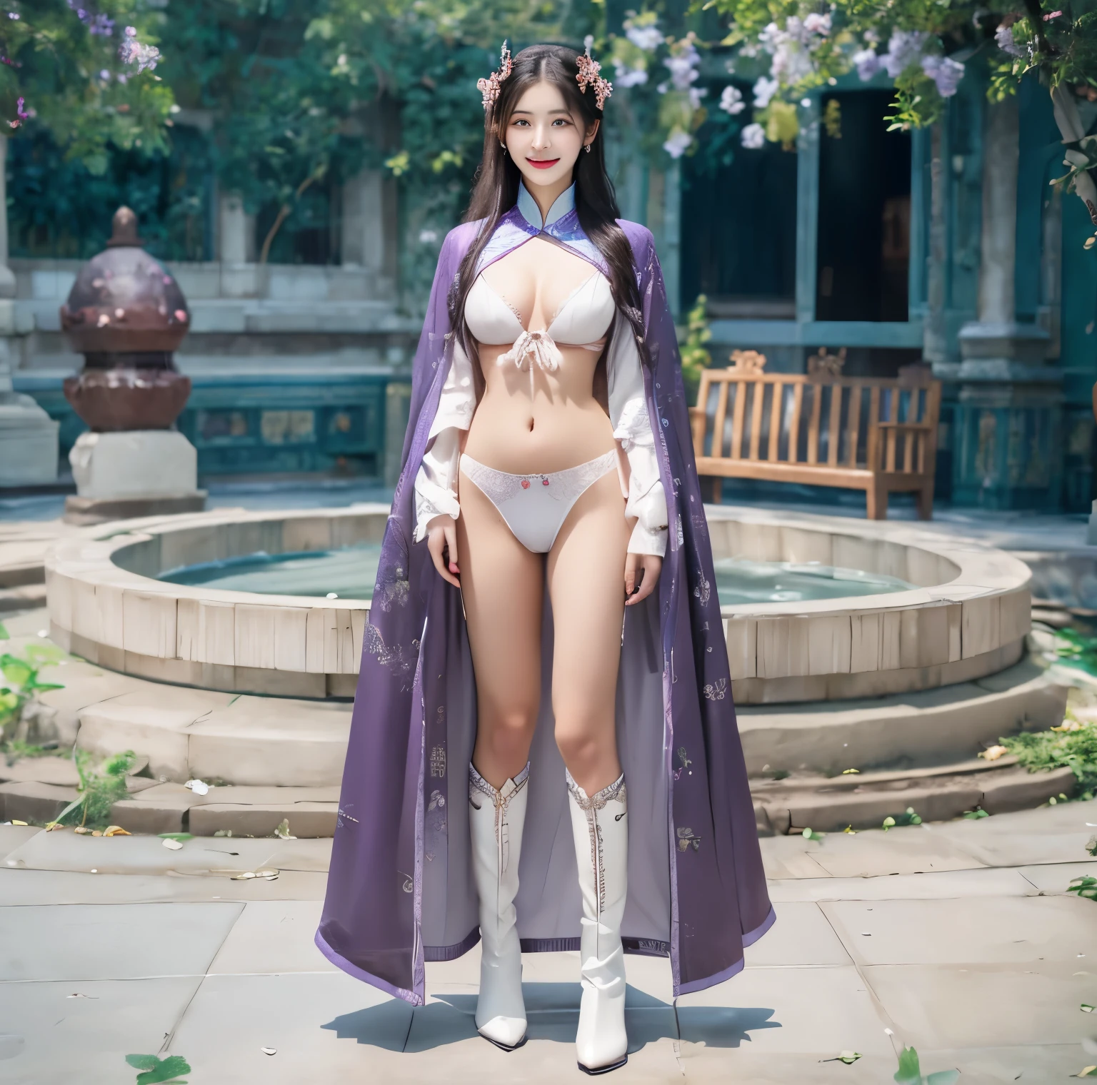 美麗的fantasy皇后, anime goddess, full body xianxia, ((美麗的fantasy皇后)), sweet smile,Sexy red bikini underwear,high-cut underwear,high cut underwear,Long-legged girl,put on boots,White boots,huge breasts,Put on your hat, Chinese Hanfu,fantasy服装, Sha Xi, ((美麗的fantasy皇后)), Put on the priest's cloak, full body purple cloak, 穿着fantasy服装, Anime girls cosplay look at the audience,facing the audience,Put your hands beside you,flowing long hair,Surreal 8000g,Impeccable,masterpiece,professional artwork,famous artwork,Light,movie bloom,perfect face,pretty face,fantasy,Dreamy and magical,not real,intricate details,Exquisite pattern