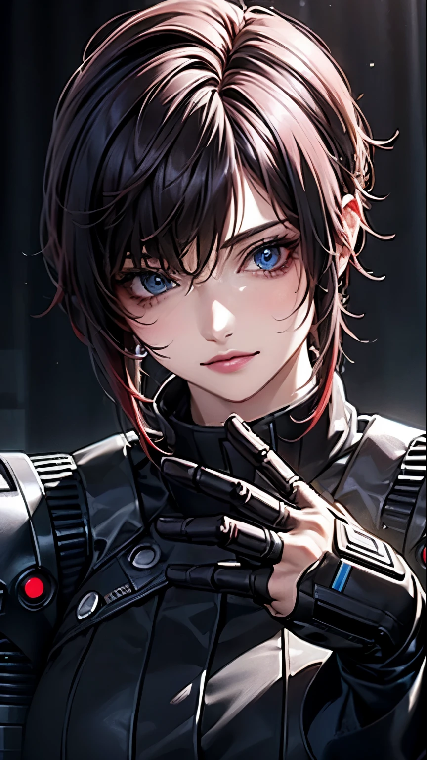 ((highest quality)), ((masterpiece)), (high detail:1.3), 3D, beautiful feces (cyber punk:1.3) colored hair、Hacker woman in black clothes looking at camera、breast focused、bright lighting,