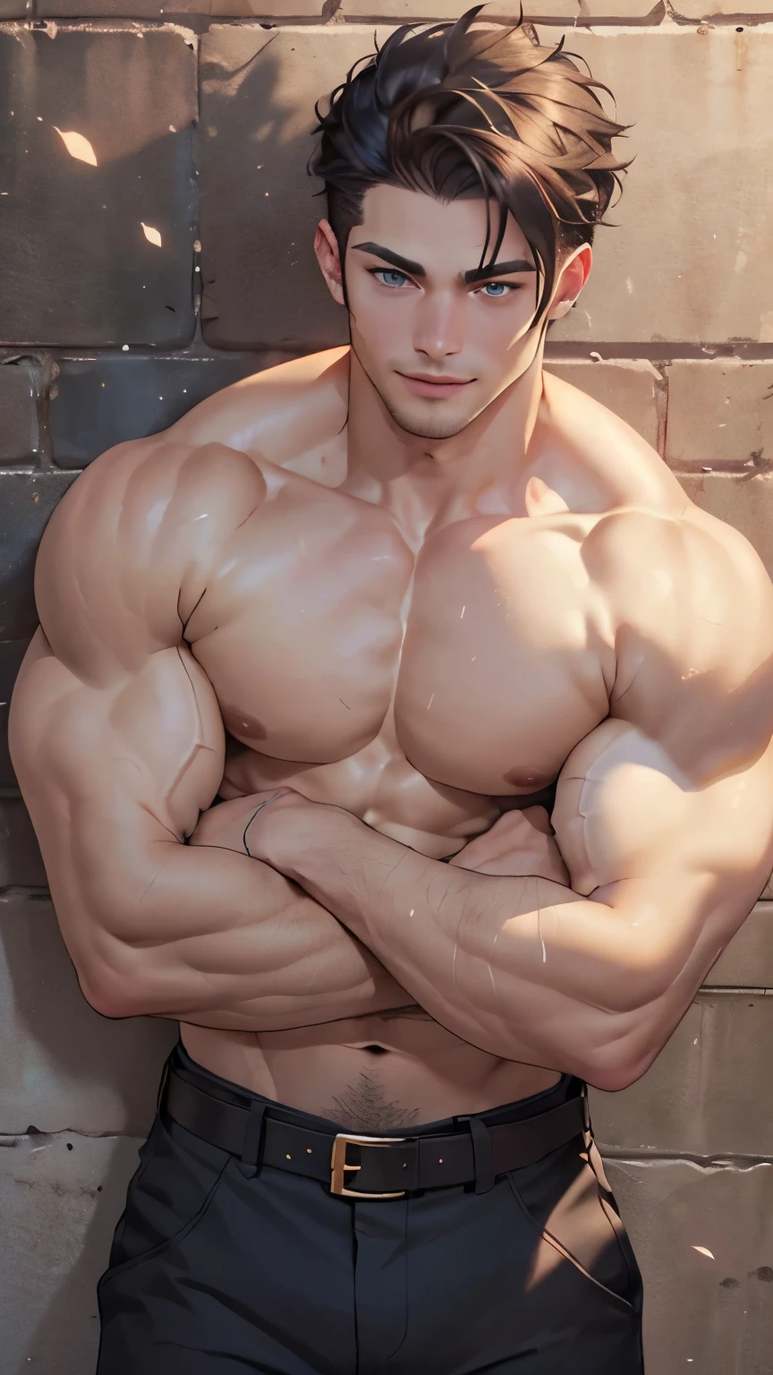 ((the best quality)), ((Masterpiece)), (details), perfect face, high definition, Masterpiece,4k,details clearly, Handsome face, white skin, perfect body, male body, strong muscles, abdomen, blue eyes, white skin, The most handsome man in the world, handsome, The coolest face, Male characters, close image (1man, shirtless), young man, mischievous smile, Extremely muscular tall man, open your eyes ((detailed eyes)), huge, muscular body and Massive, bulging pecs, muscular abs, narrow waist, short hair, blue eyes, delicate big eyes, carefree expression, Clear face, handsome (detailed face, perfect face) ((extremely realistic shadows, bodybuilding posture, human, ((22-year-old young man)), V shape, Slacks pants, Shirtless, Sunlight, Street wall, lower pants, topless, hair moved by the wind, belt, close image (1man, shirtless, ripped muscles