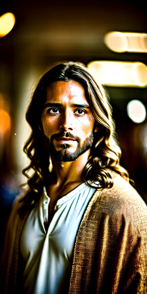 portrait of modern day Jesus, cinematic lighting, depth of field, bokeh, realism, photorealistic, hyperrealism, professional photography, uhd, dslr, hdr