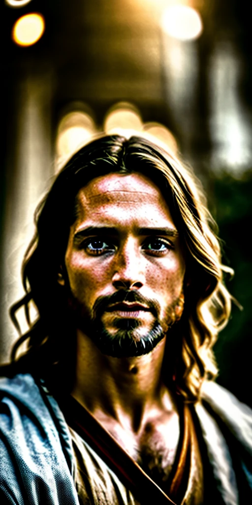 portrait of modern day Jesus, cinematic lighting, depth of field, bokeh, realism, photorealistic, hyperrealism, professional photography, uhd, dslr, hdr
