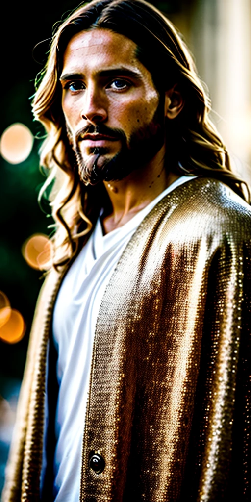 portrait of modern day Jesus, cinematic lighting, depth of field, bokeh, realism, photorealistic, hyperrealism, professional photography, uhd, dslr, hdr