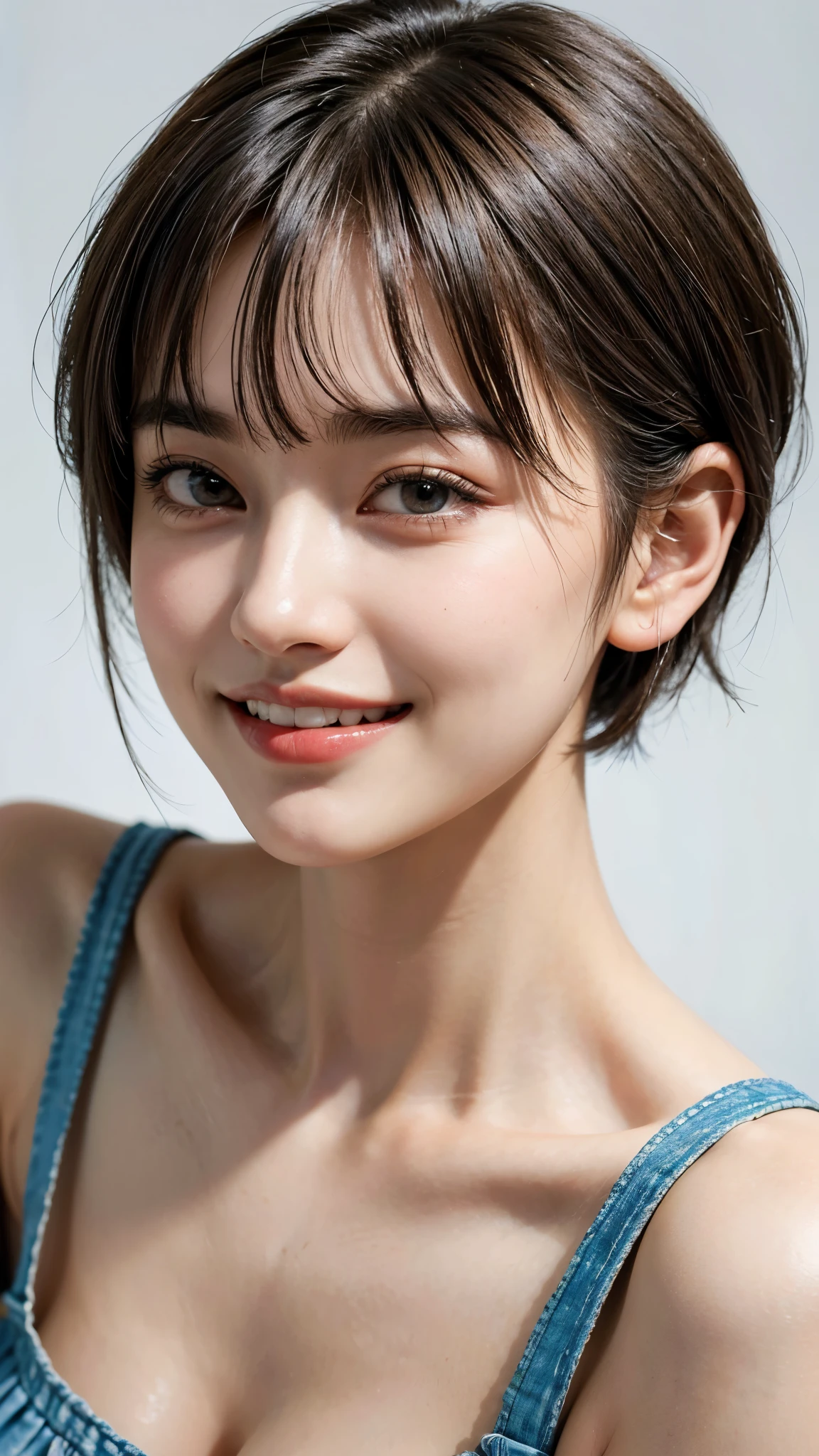 highest quality, masterpiece, ultra high resolution, (realistic:1.4), (portrait facing each other) Raw photo, 1 girl, 26 years old,((sister)),((very short hair)),((Bangs, short hair, above eyebrows)),((looking up at the viewer)),realistic,((Simple solid color background)), picture media chest)),((toothy smile)),