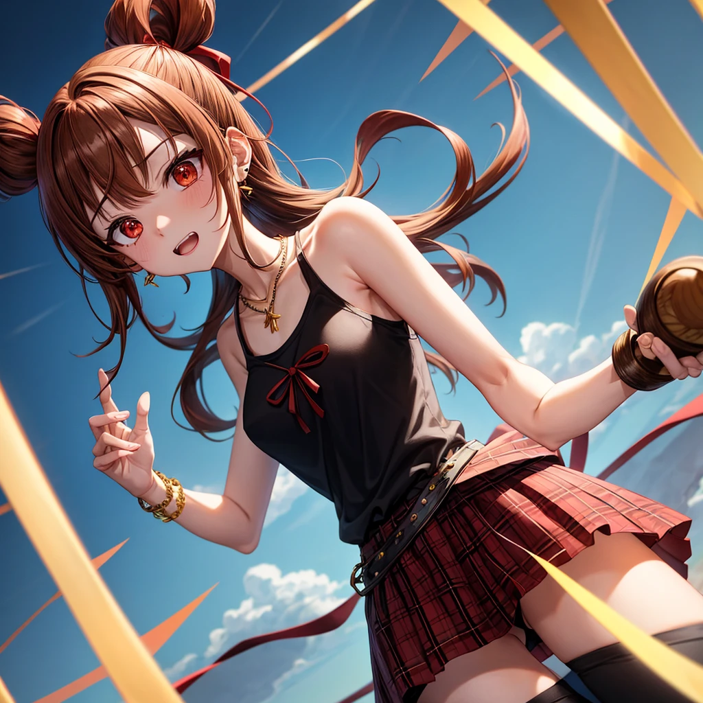 reddish-brown golden hair、red eyes、one good looking girl、solo、anime、plaid mini skirt、black camisole、black t-shirt、dress、wearing a ribbon、ribbon at waist、crystal earrings、jewelry necklace、Light and shadow、tilting one's face、teeth are visible、pillar、torches、evil looking face、Kuroko、Den-den drum、grassland