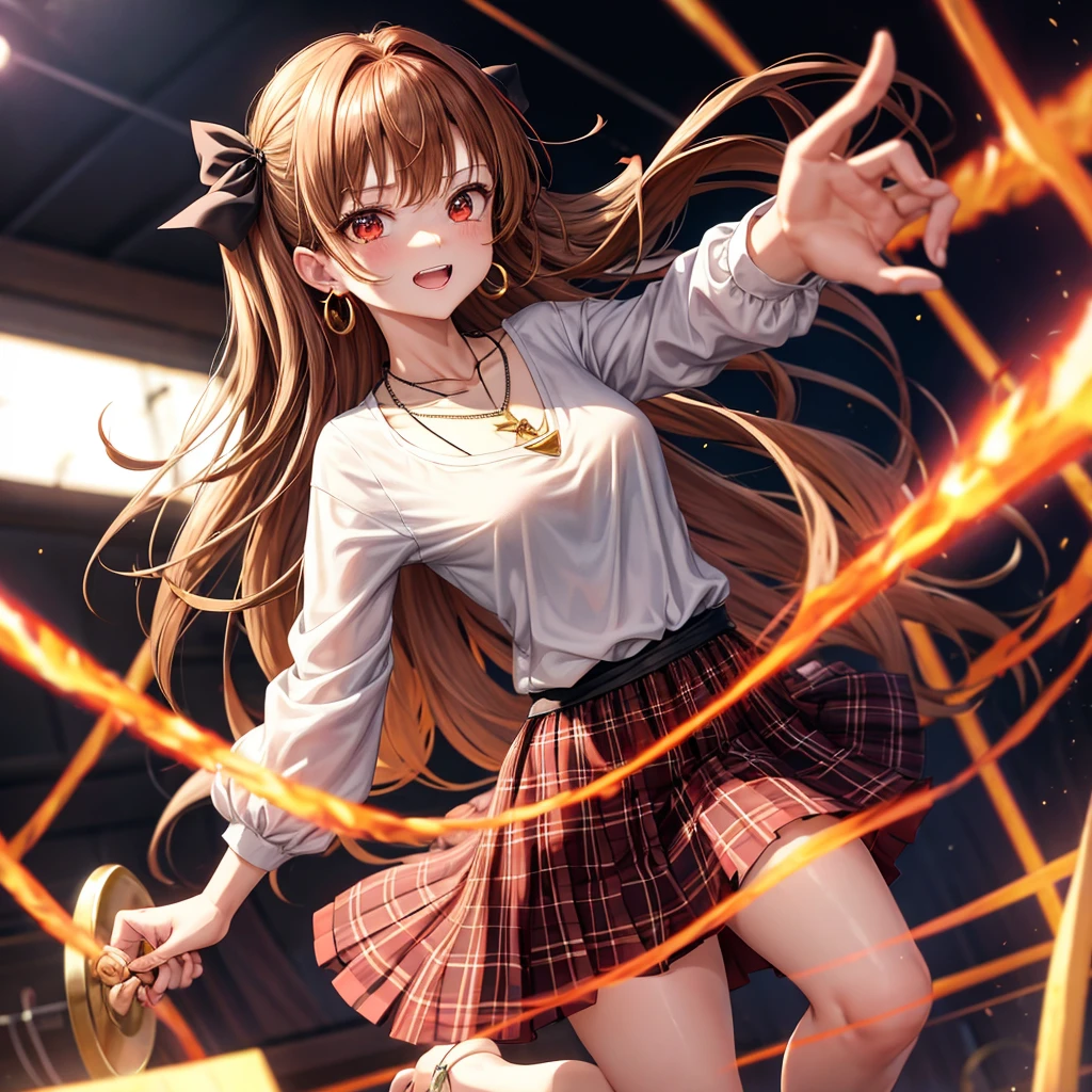 reddish-brown golden hair、red eyes、one good looking girl、solo、anime、plaid mini skirt、black camisole、black t-shirt、dress、wearing a ribbon、ribbon at waist、crystal earrings、jewelry necklace、Light and shadow、tilting one's face、teeth are visible、pillar、torches、evil looking face、Kuroko、Den-den drum、grassland
