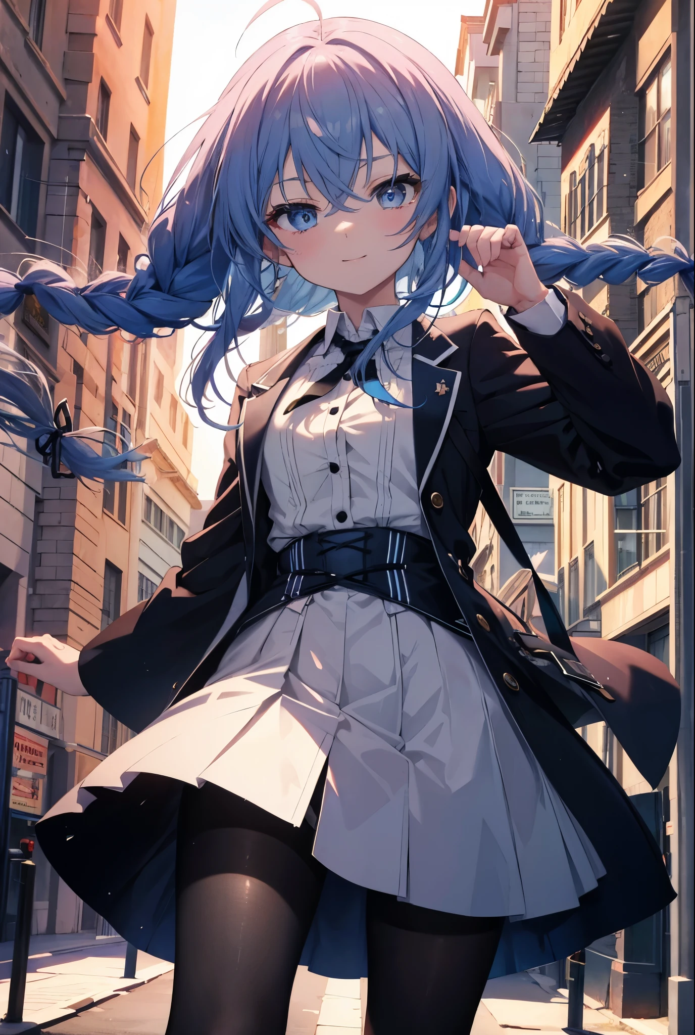 (masterpiece,intricate details),1 girl,mature woman,light _face, BREAK Roxymigurdia, Roxy, Ahoge, black ribbon, blue eyes, blue hair, Braid, hair between eyes, hair ribbon, long hair, twin Braids, very long hair,happy smile, smile, open your mouth, Destroy White Y-Shirt,Blue Blazer,Blue pleated skirt,Gray pantyhose,White Loafers,
壊す looking at viewer,
break outdoors, In town,Destroy a city of buildings (masterpiece:1.2), highest quality, High resolution, unity 8k wallpaper, (figure:0.8), (detailed and beautiful eyes:1.6), 非常に詳細なface, perfect lighting, Very detailed CG, (perfect hands, perfect anatomy),