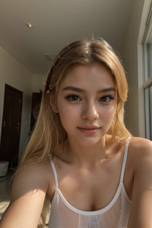 (8k, RAW photo, photorealistic:1.25) ,( lipgloss, eyelashes, gloss-face, glossy skin, best quality, ultra highres, depth of field, chromatic aberration, caustics, Broad lighting, natural shading,Kpop idol) looking at viewer with a serene and goddess-like happiness,photo of a dirty attractive woman in a white tank top, laying on the floor and posing for the camera, with blonde hair, inside a house, posted on Snapchat