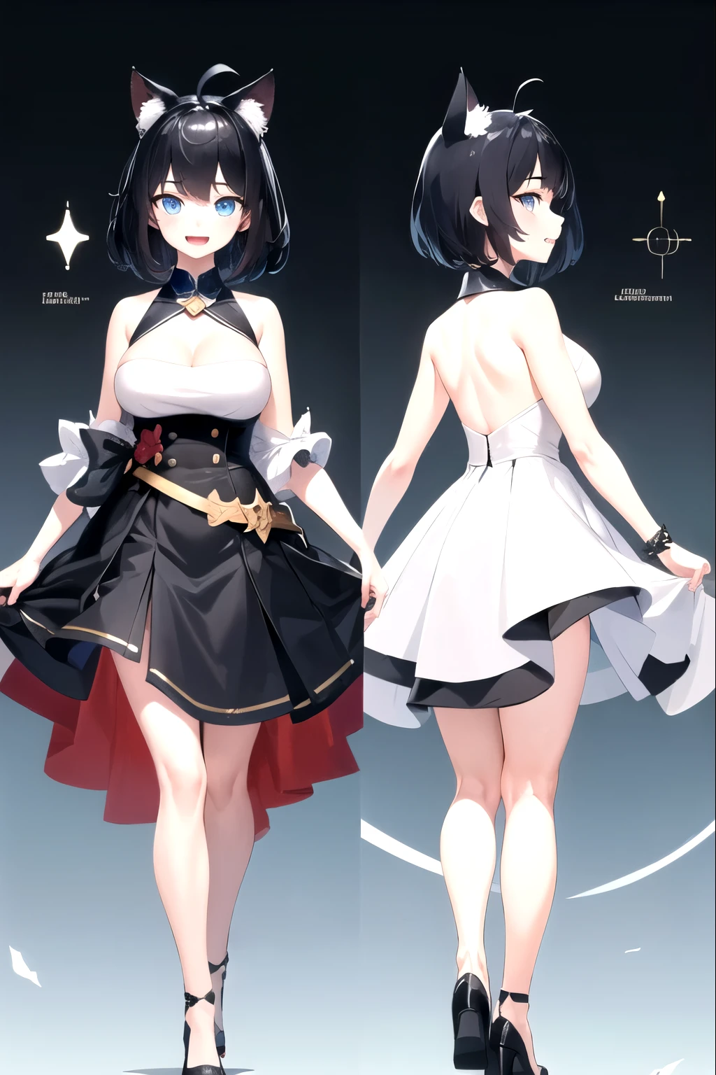 ((upright)), ((arm to the side)), looking at the viewer, simple background、white background, 1 girl, open your mouth, smile, Virtual YouTuber、with a girl、((highest quality, expensive_solve, clear_image)),(black hair), (black cat ears), (Ahoge), (ridiculously short hair), (wavy hair), (blue eyes),、laughter、very big breasts、whole body、I can see the cleavage、Dressed in student uniform、character sheet,character reference sheet, character design sheet, ((View from the front, side view)) symmetrical elements of clothing,