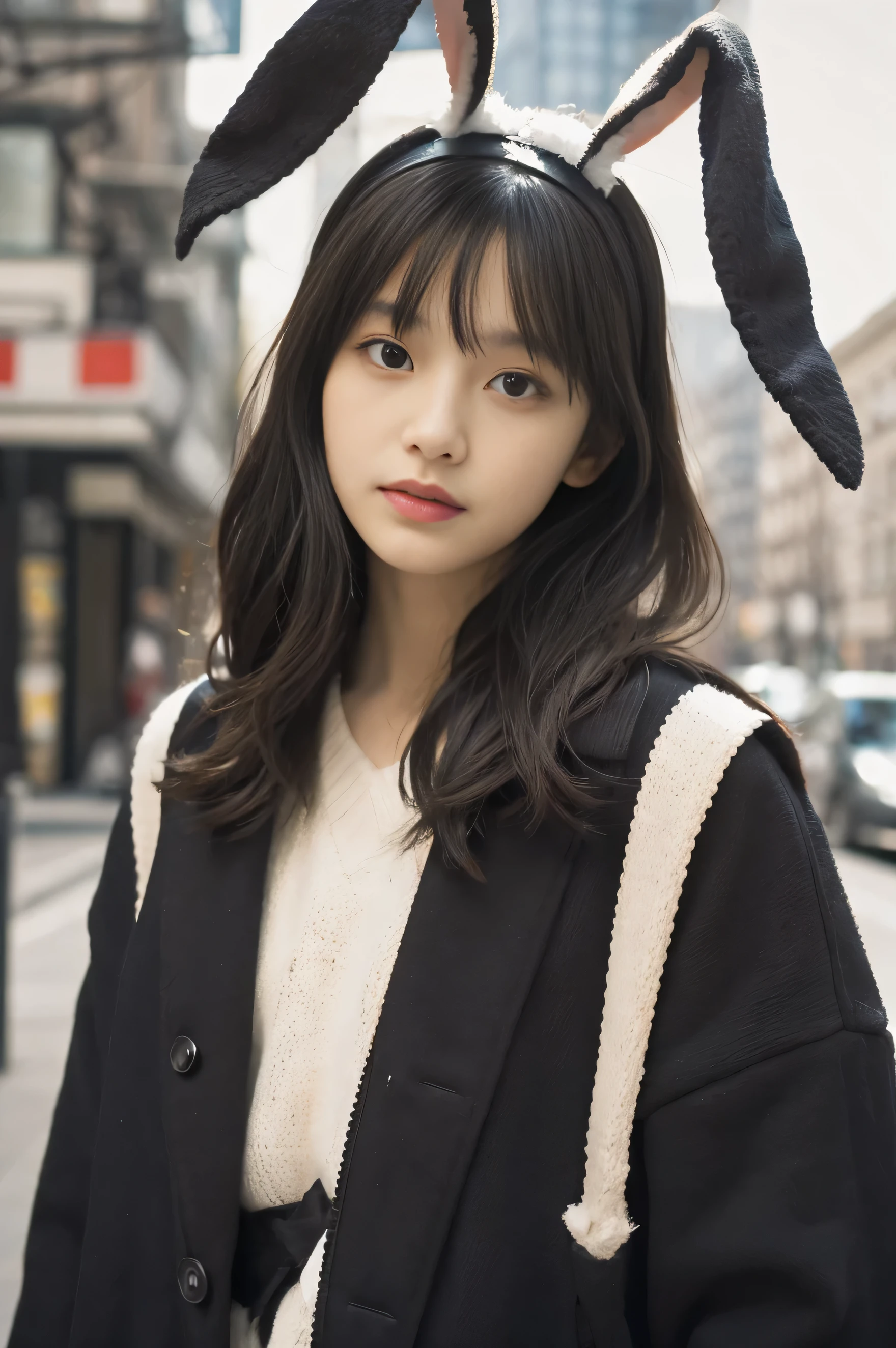 (Black semi-long perm hair:1.2),(thick and fluffy bangs),(Rabbit ears headband),Beautiful woman,1 person,kind eyes,model pose,distorted silhouette: Incorporating distorted shapes and asymmetrical designs、Express Comme des Garcons' Distinctive style。Contrasting color palette:or combine contrasting colors、It exudes a modern and sophisticated atmosphere that is characteristic of Comme des Garcons.。.。.。.。.。Avant-garde details: creative design changes and、、、、、combination of different materials、Incorporate decorative accents、give a unique impression。Layering: Layering multiple clothes and materials、create depth and complexity。play of textures: Combine different textures and materials、Increase visual and tactile interest。sculpture installation,full body shot,shot from below,