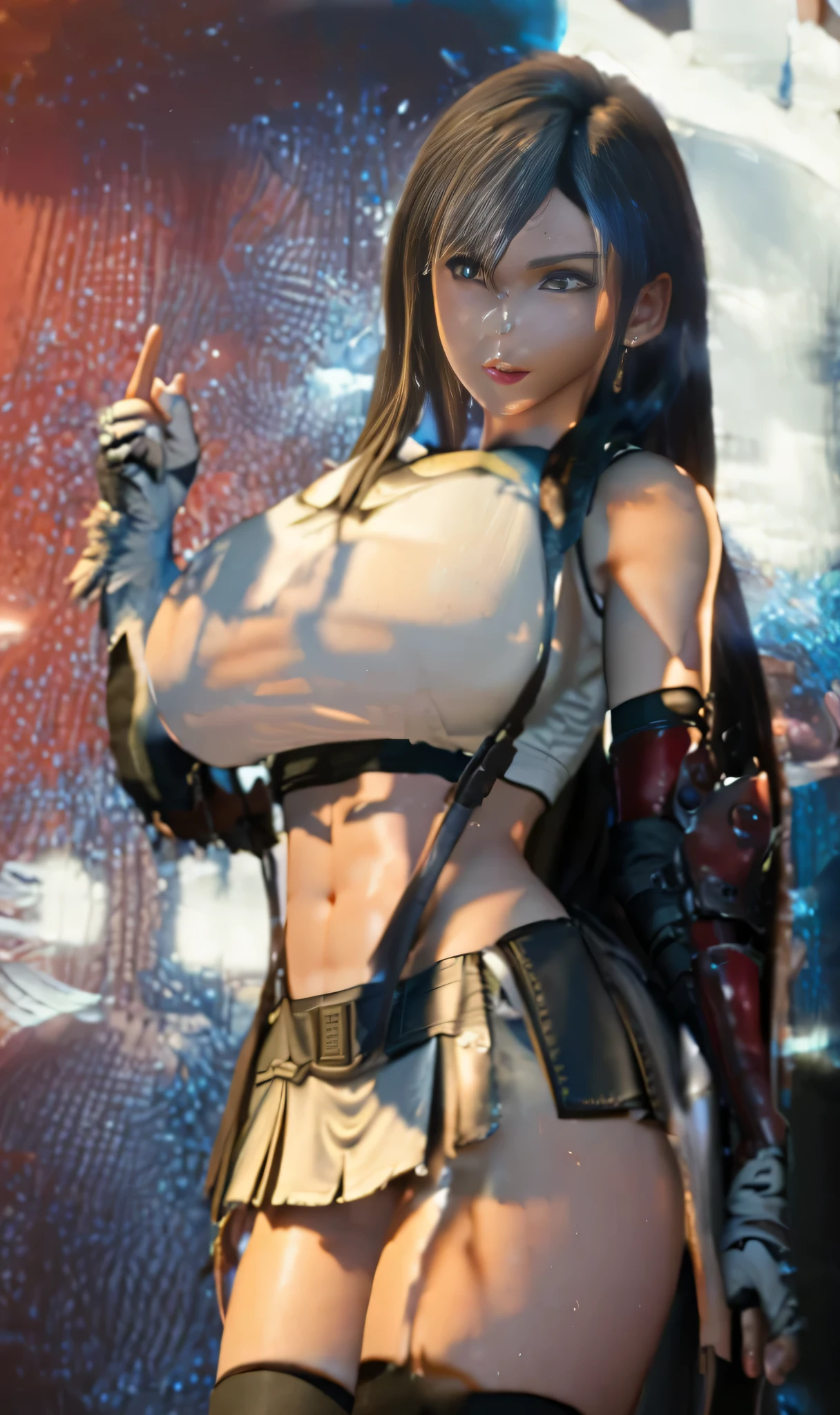 Unreal Engine 5 Realistic Render, (masterpiece, best quality), intricate details, ((Best quality)), ((masterpiece)), ((realistic)), (hyperrealism:1.2), (fractal art:1.2),
1girl, tifa lockhart original costume, white crop top, arm guards, fingerless gloves, suspenders, pleated miniskirt, black thighhighs, red boots
extreme detailed eyes, colorful, highest detailed,
vibrant colors, high contrast,
(8K UHD:1.2), (photorealistic:1.2), beautiful face, top body is hyperrealistic thicc muscle and hyper largest_breasts!! with the type of boobs_melons, lower is huge buttocks, wet shiny body