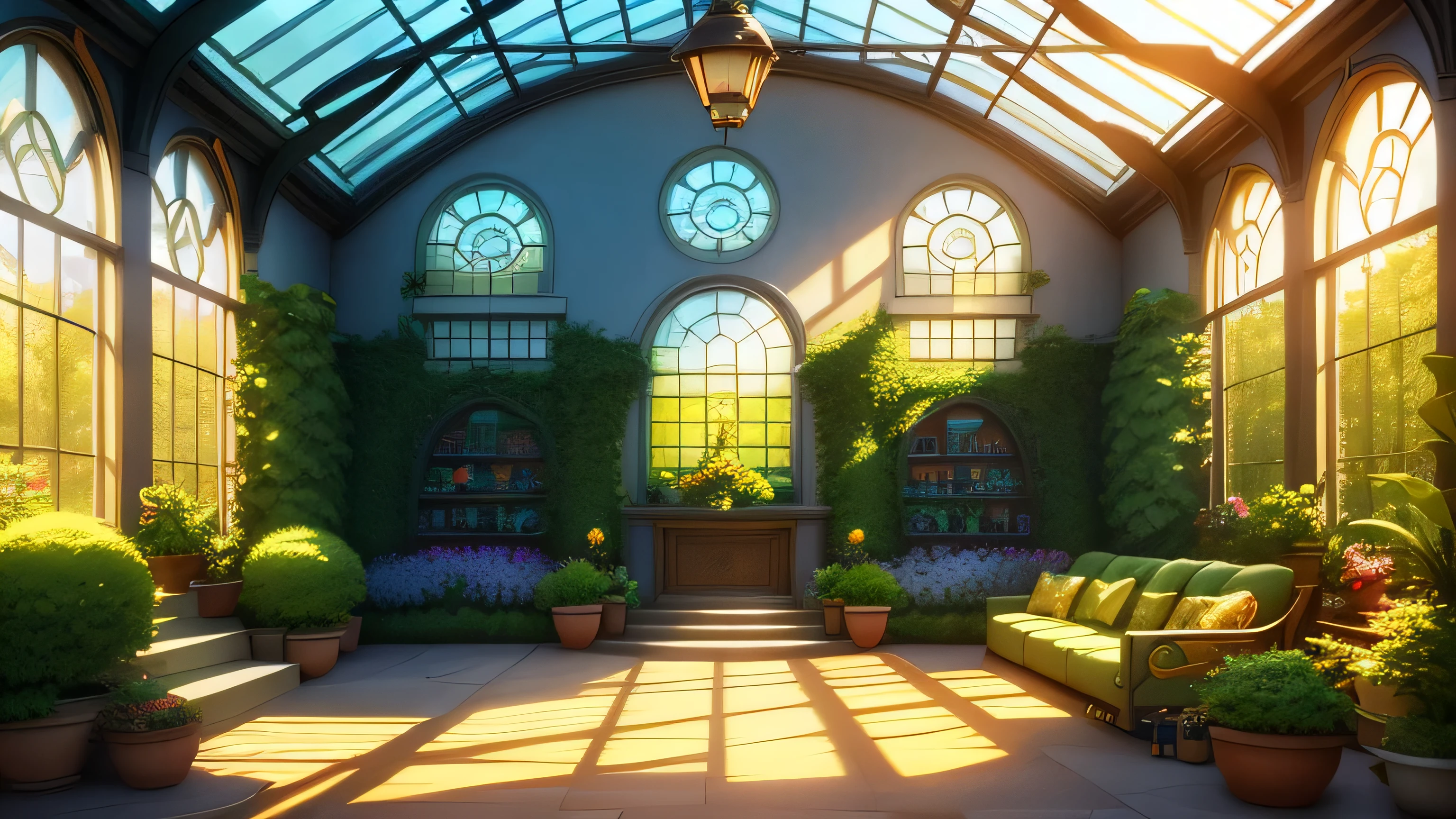 background, drawing, masterpiece, greenhouse, fantasy, anime, beautiful gardens, (comfy pillows around a cozy corner), bright sunlight, Belle Epoque, Pixar, artificial lights, concept art, anime scene, cinematic lighting, backlighting, 4K, UHD ,best quality