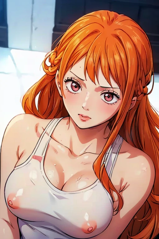 (((masterpiece))), (((best quality))), ((ultra-detailed)), (highly detailed CG illustration), Nami, (nsfw:1.4), (masterpiece:1.5), Detailed Photo, Sexy, (Best Quality: 1.4), (1girl), Beautiful Face, (Orange Hair, long Hair: 1.3), Beautiful Hairstyle, beautiful detail eyes, (realistic skin), beautiful skin, absurd, attractive, ultra high resolution, high definition, (sexually aroused:1.5), Pinkish white skin, cool white light, sexy pose, Beautiful , white background, pink soft white light, Wear a white tank top, (bukkake:1.2), 