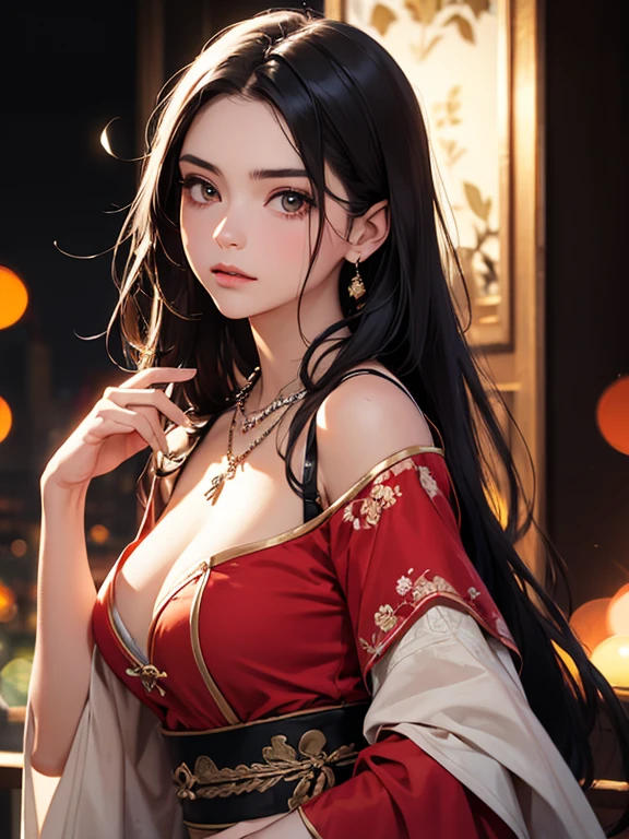 best quality, masterpiece, High resolution, a girl, Tang dynasty clothing, necklace, jewelry, pretty face, big breasts, more than_Body, Tyndall effect, lifelike, dark studio, edge lighting, two-tone lighting, (HD skin: 1.2), 8K Ultra HD, SLR camera, soft light, high quality, Volumetric lighting, frank, photography, High resolution, 4K, 8K, Bokeh,