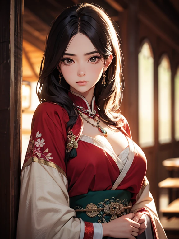 best quality, masterpiece, High resolution, a girl, Tang dynasty clothing, necklace, jewelry, pretty face, big breasts, more than_Body, Tyndall effect, lifelike, dark studio, edge lighting, two-tone lighting, (HD skin: 1.2), 8K Ultra HD, SLR camera, soft light, high quality, Volumetric lighting, frank, photography, High resolution, 4K, 8K, Bokeh,