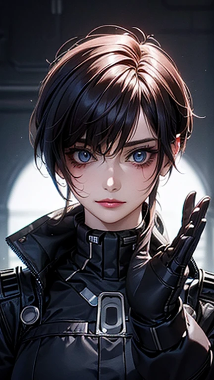 ((highest quality)), ((masterpiece)), (high detail:1.3), 3D, beautiful feces (cyber punk:1.3) colored hair、Hacker woman in black clothes looking at camera、breast focused、bright lighting,