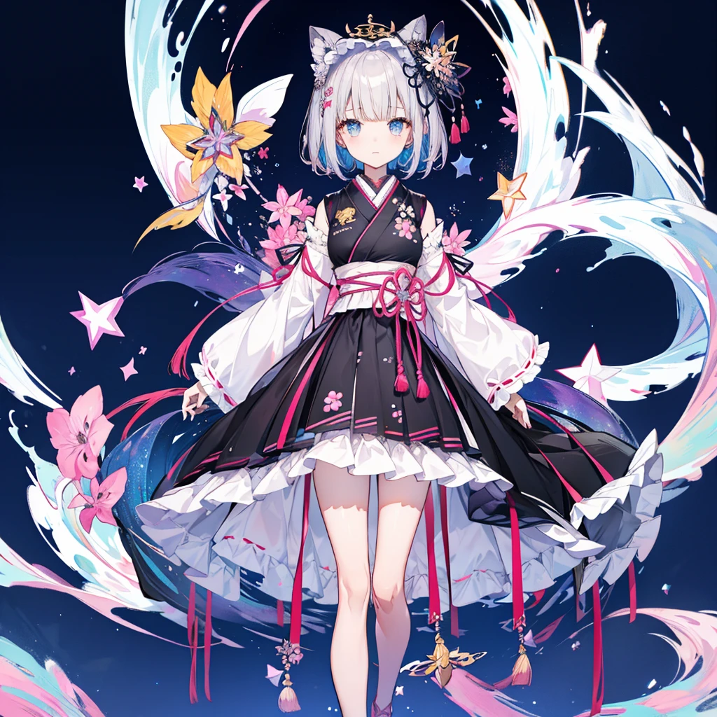 highest quality、8K,handsome face、vtuber-halfbody、A picture of the front straight towards the viewer、Star Fairy、Full body front portrait、front、1girl,highest quality、masterpiece、official art、Super detailed、super beautiful、Cute Star Fairy、gray short hair、Milky Way、universe、star charm、star、baby face、Knee-high boots、Japanese pattern dress、A beautiful girl wearing black and white clothes that are a remake of a yukata.、Oiran frill dress reminiscent of universe、belly button、pleated mini skirt、