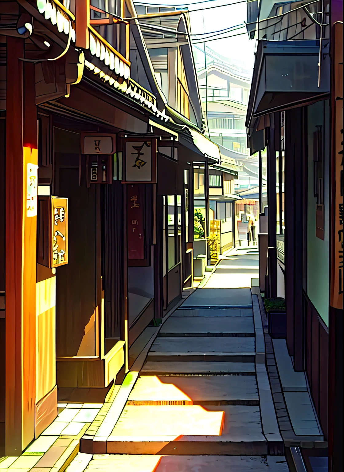 (masterpiece), (best quality), (best detail), (distant general point of view), (Makoto Deep Sea), Kobe City in Summer, Japanese alley with nostalgic atmosphere,　Small shops lined up on both sides of the road,summer sunshine, clean, busy atmosphere, Animation Background,Camera angle with a view of the sky