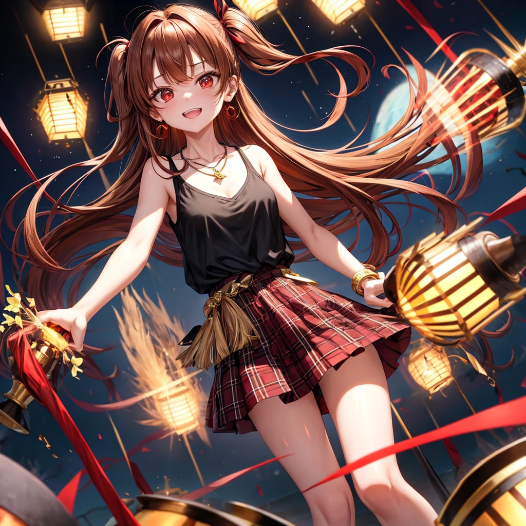 reddish-brown golden hair、red eyes、one good looking girl、solo、anime、plaid mini skirt、black camisole、black t-shirt、dress、wearing a ribbon、ribbon at waist、crystal earrings、jewelry necklace、Light and shadow、tilting one's face、teeth are visible、pillar、torches、evil looking face、Kuroko、Den-den drum、grassland