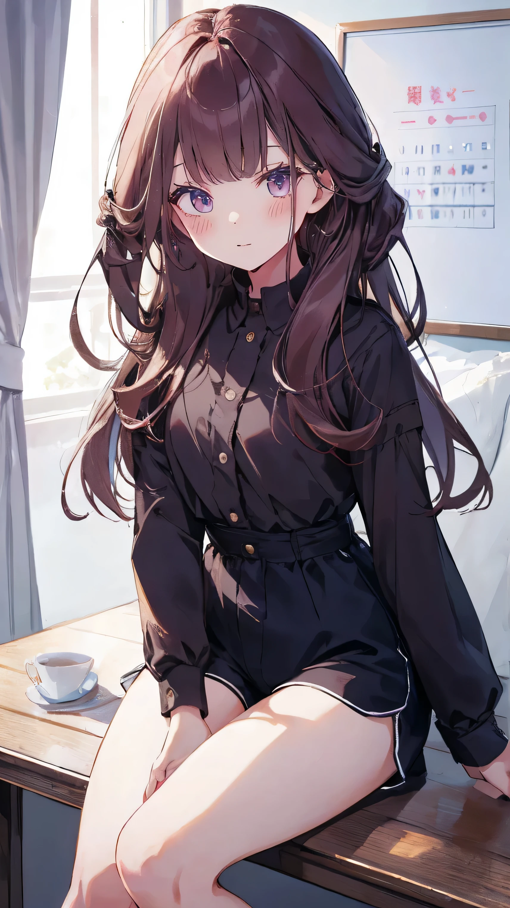 master piece、Highest image quality、highest quality、 ((panic))、glossy hair quality、small face、sitting、Super detailed and beautiful bright eyes、Super detailed clear and beautiful face、(cute illustration:1.2), High-resolution, ultra-detailed, best quality, embarrassed、(Gaps in shorts)、(cute underwear)