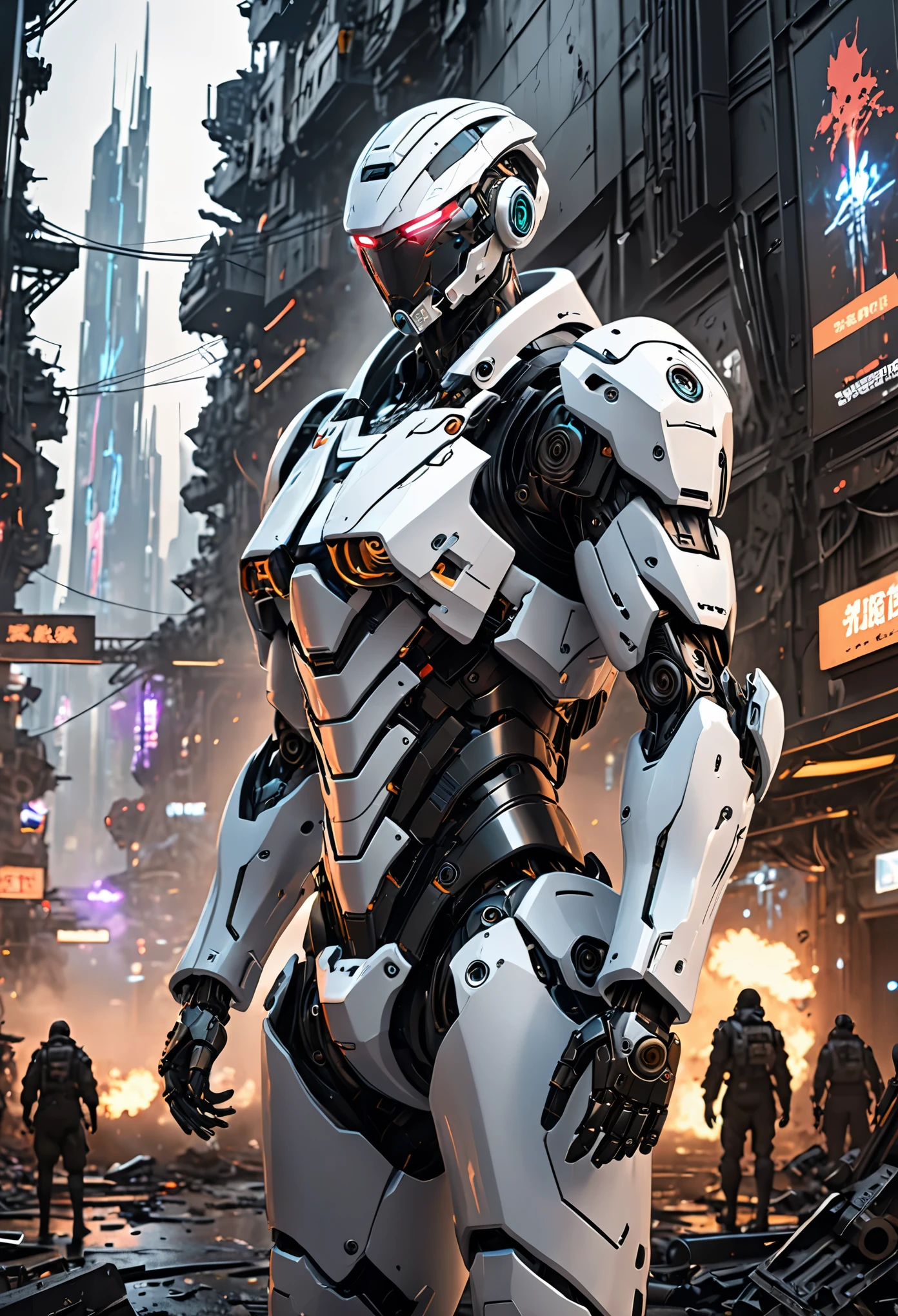 dark_fantasy,cyberpunk, (best quality, masterpiece),white,1 person,mechanical marvel,exist,cybernetic guardian,wearing a cybernetic jacket,City, Highest quality digital art, amazing art, wallpaper 4k, Very detailed, military,, war zone,black and white, Highest quality digital art, amazing art, wallpaper 4k,8K,K, HD, 无与伦比的masterpiece, dynamic lighting, cinematic, epic, Damage to mechanical parts